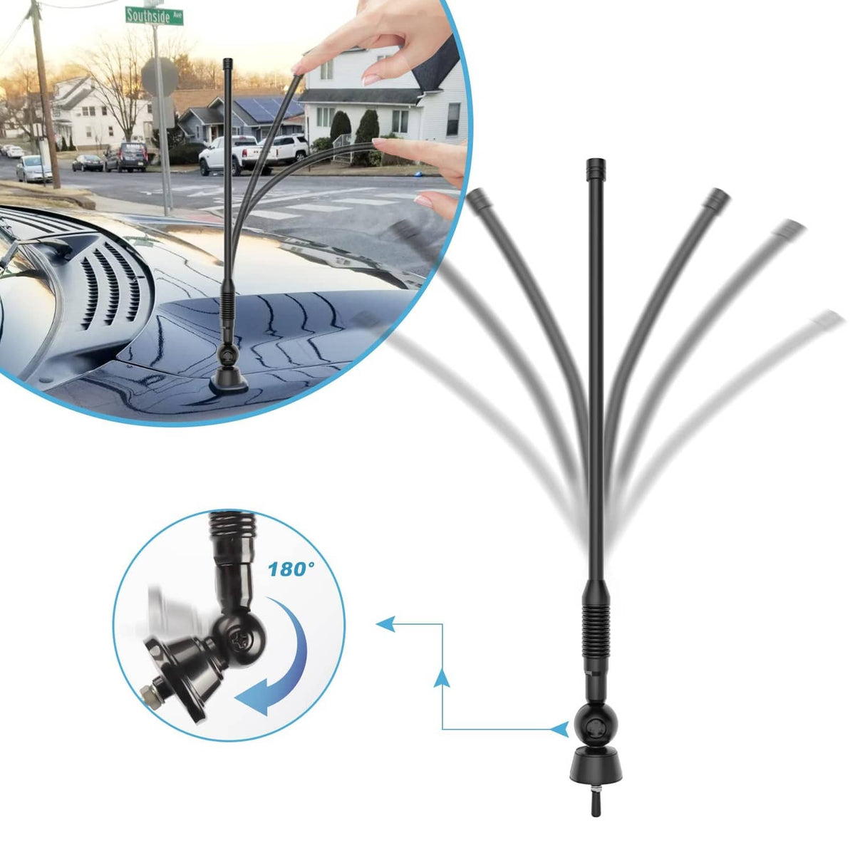Adjustable marine antenna with base and coiled cable for angled installation