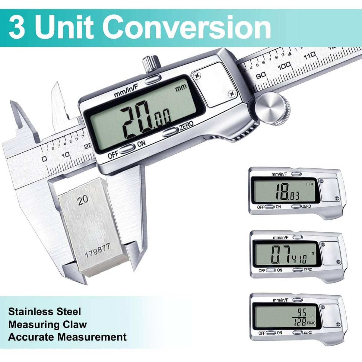 Digital caliper with LCD screen showing measurement, stainless steel measuring jaws