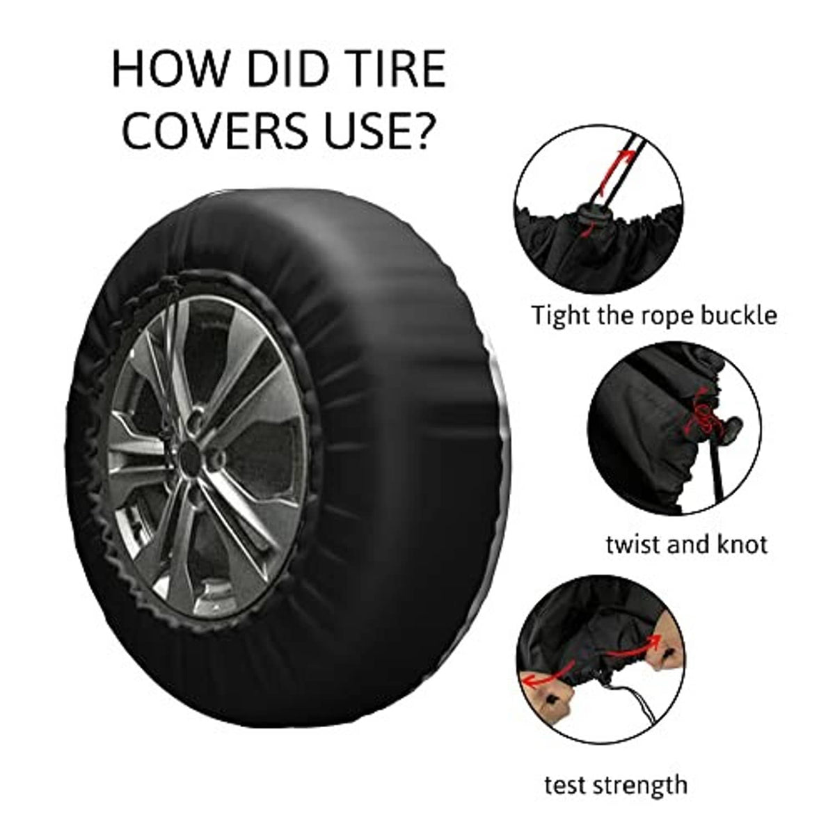 Black tire cover with moon and mountains graphic; rope-buckle securing feature shown