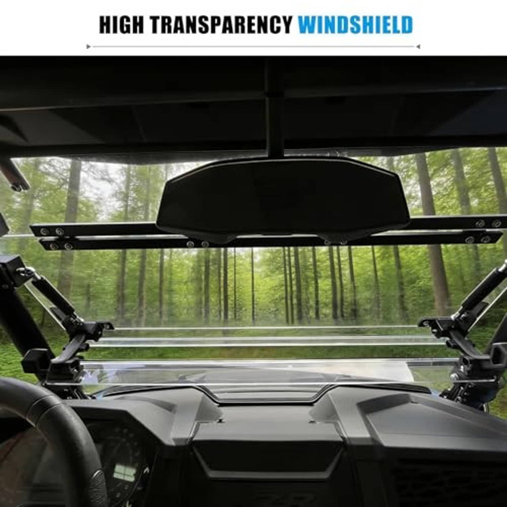 Transparent windshield panel viewed from inside the UTV with side mounting brackets