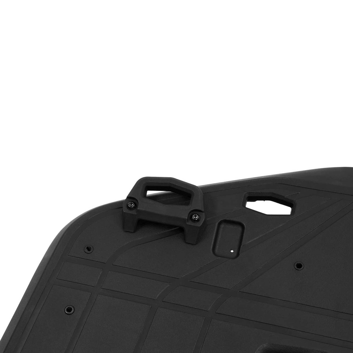 Rear cargo rack with foldable side handle, black textured plastic and mounting points
