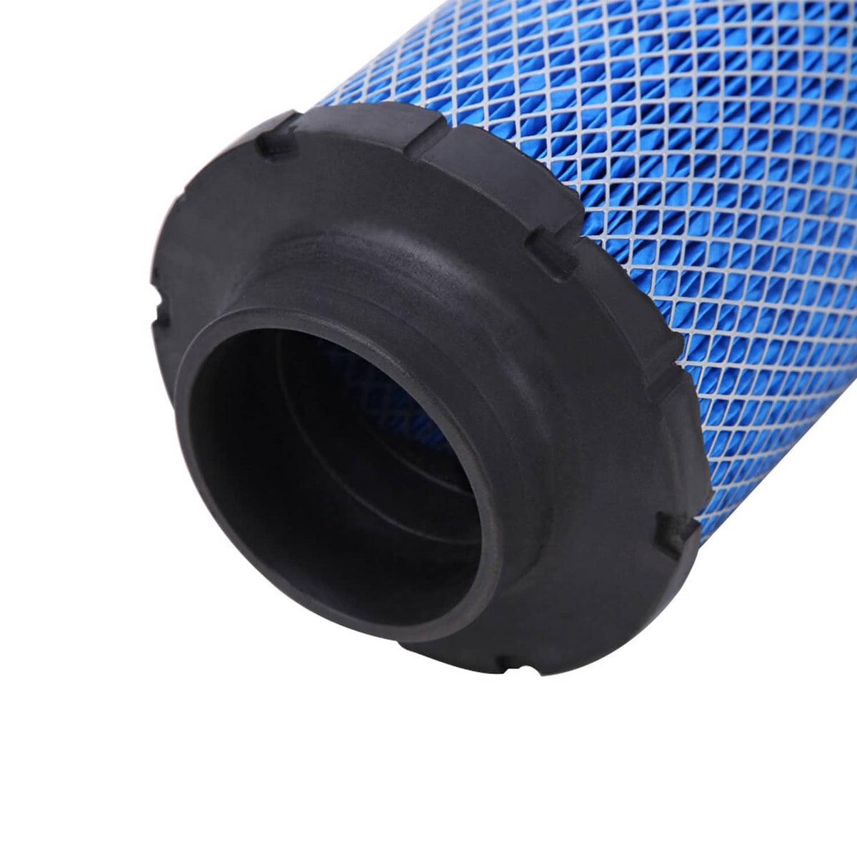 Air filter cartridge close-up, blue mesh with black rubber outer seal