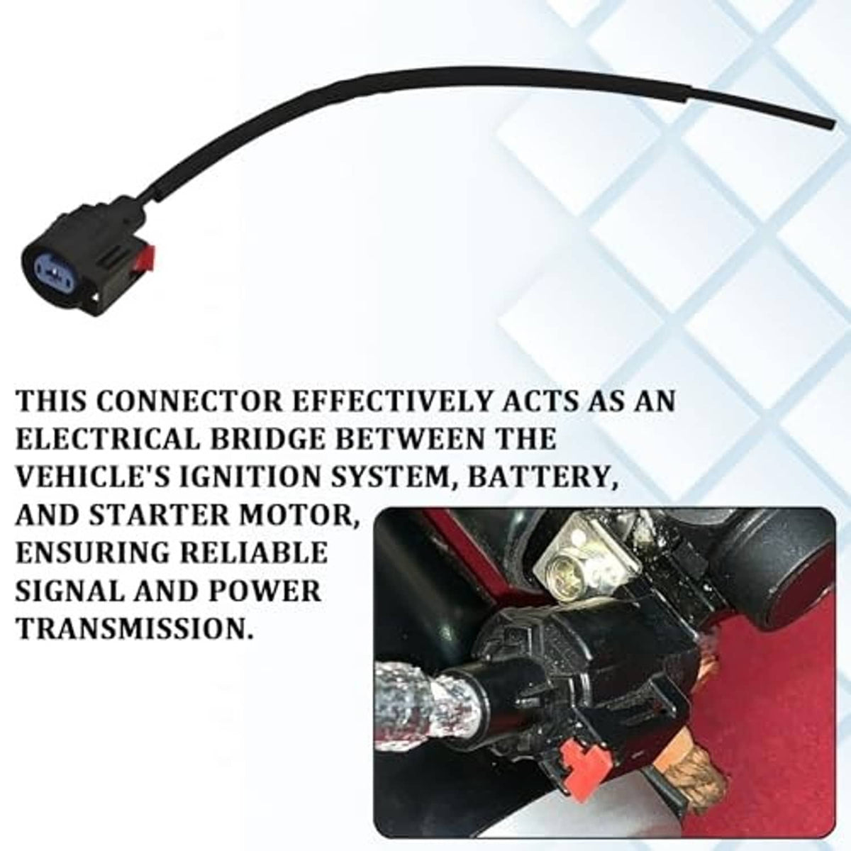 Starter pigtail connector plug, black housing with blue 2-pin insert and wire leads