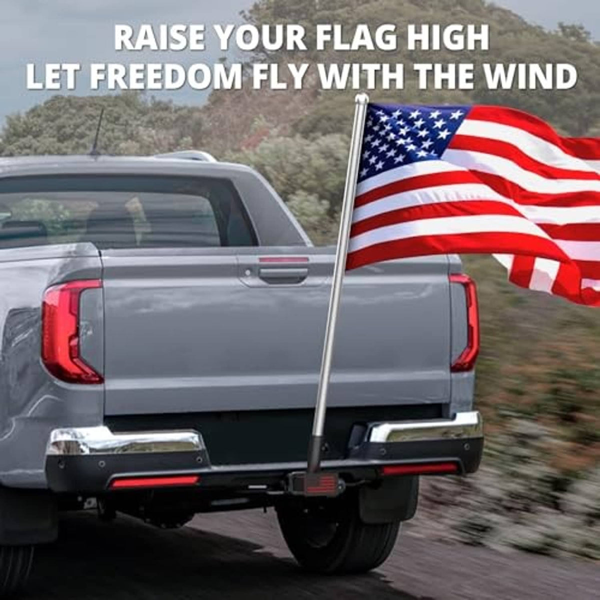 Black hitch-mounted flagpole holder with single pole and red star stripe flag display