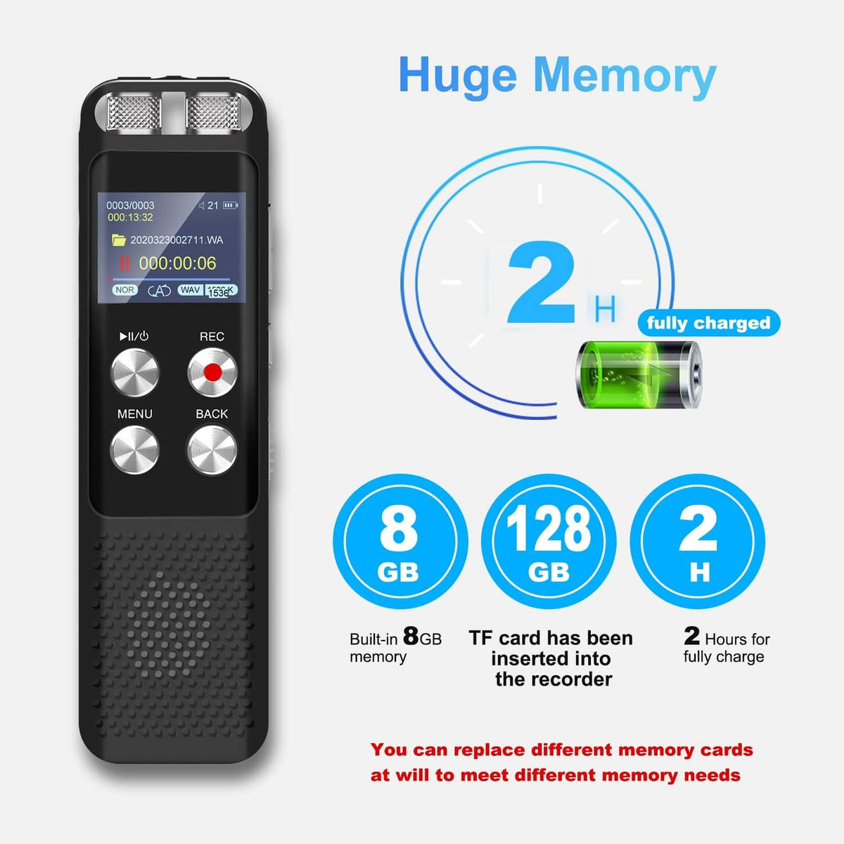 Black handheld digital voice recorder with LCD, microphone grille, plus 128GB memory card