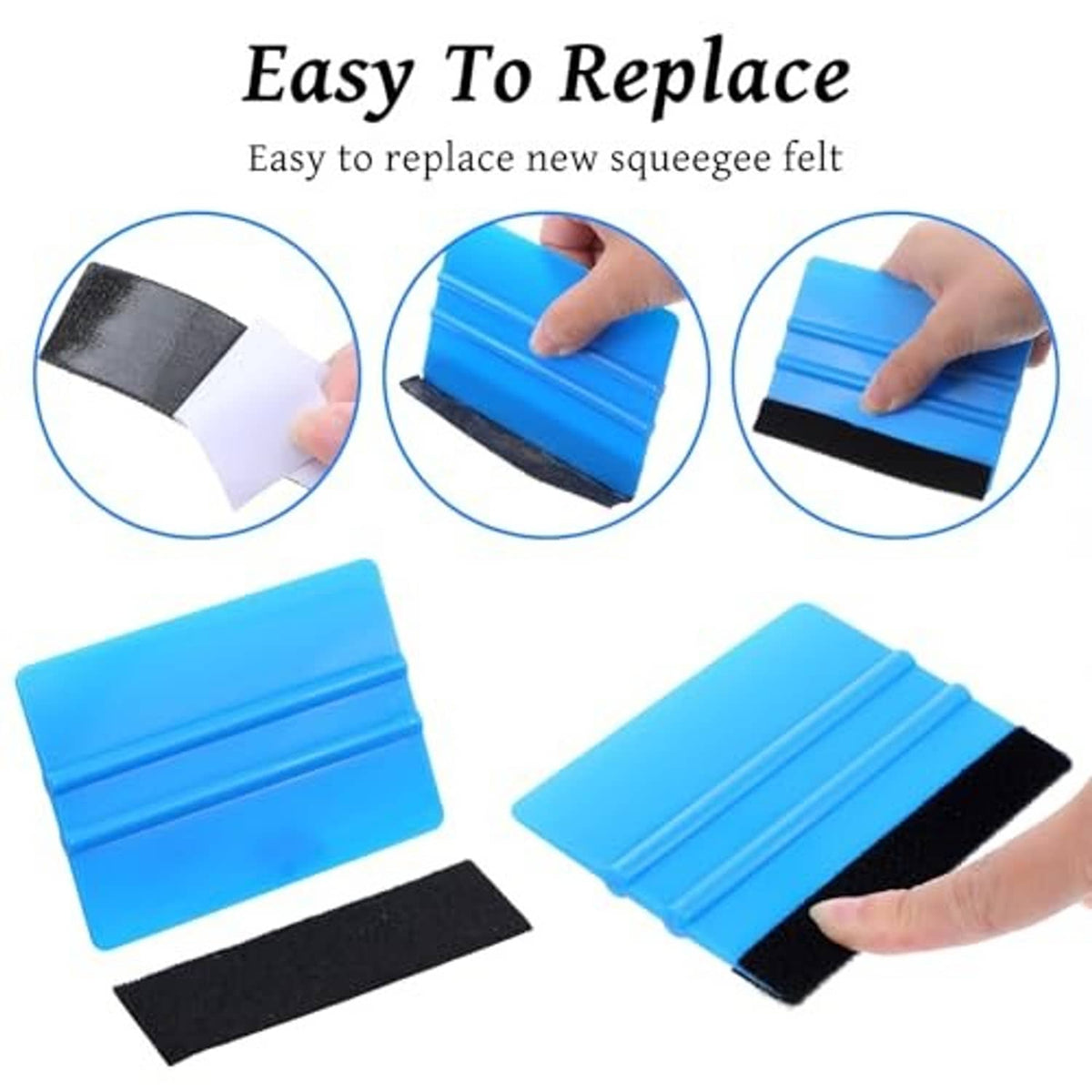 Blue plastic squeegee with black felt edge and replacement felt pads