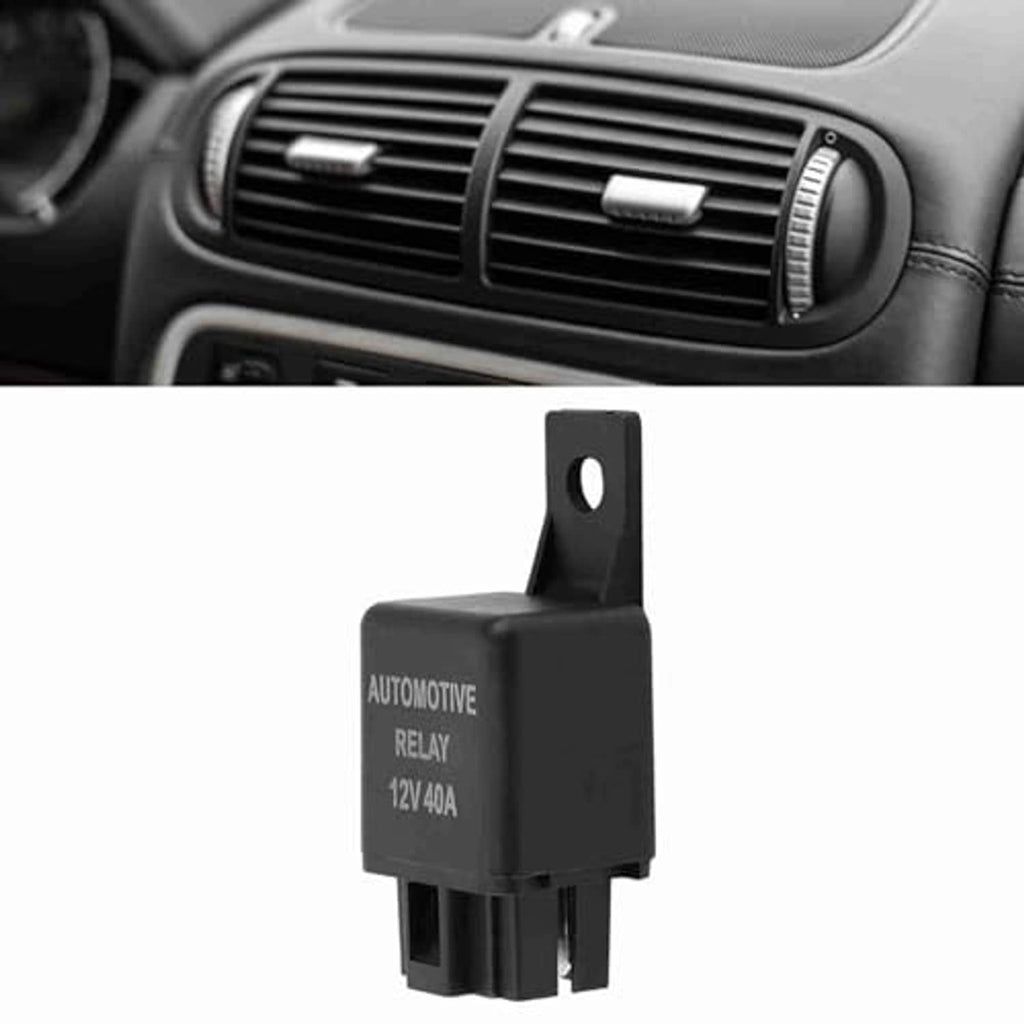 Automotive relay 12V 40A with wire terminals, black casing and mounting tab