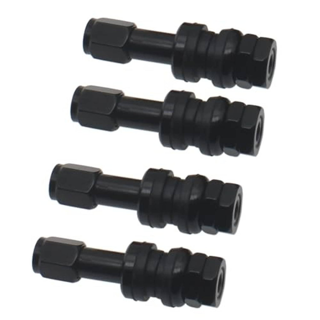 Black aluminum tire valve stems in a row, showing bolt-in threaded end