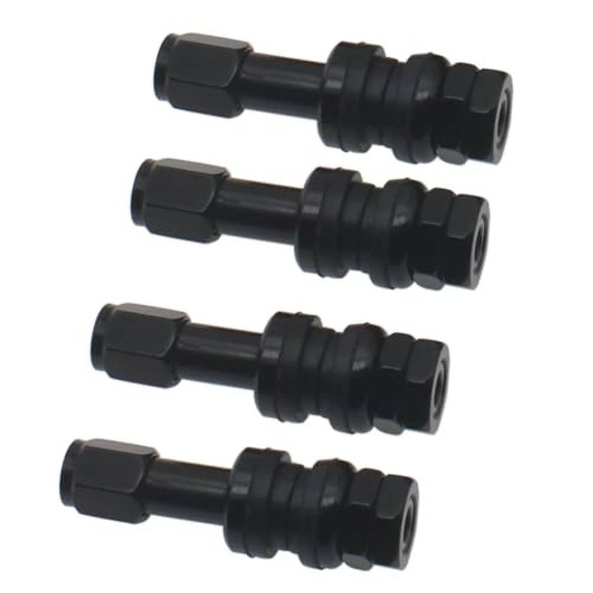 Black aluminum tire valve stems in a row, showing bolt-in threaded end