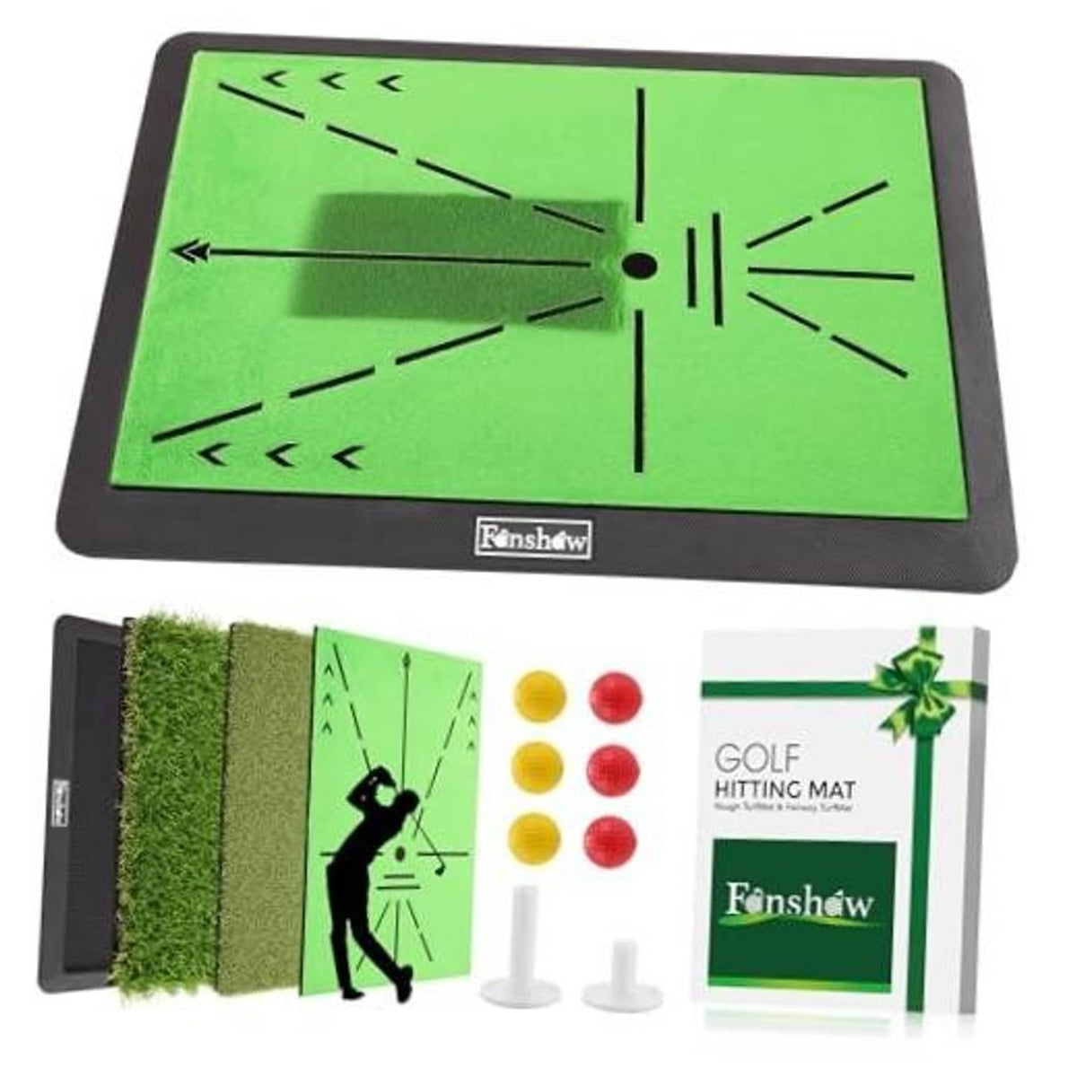 Golf hitting mat with green tracking board, black rubber border, alignment arrow lines