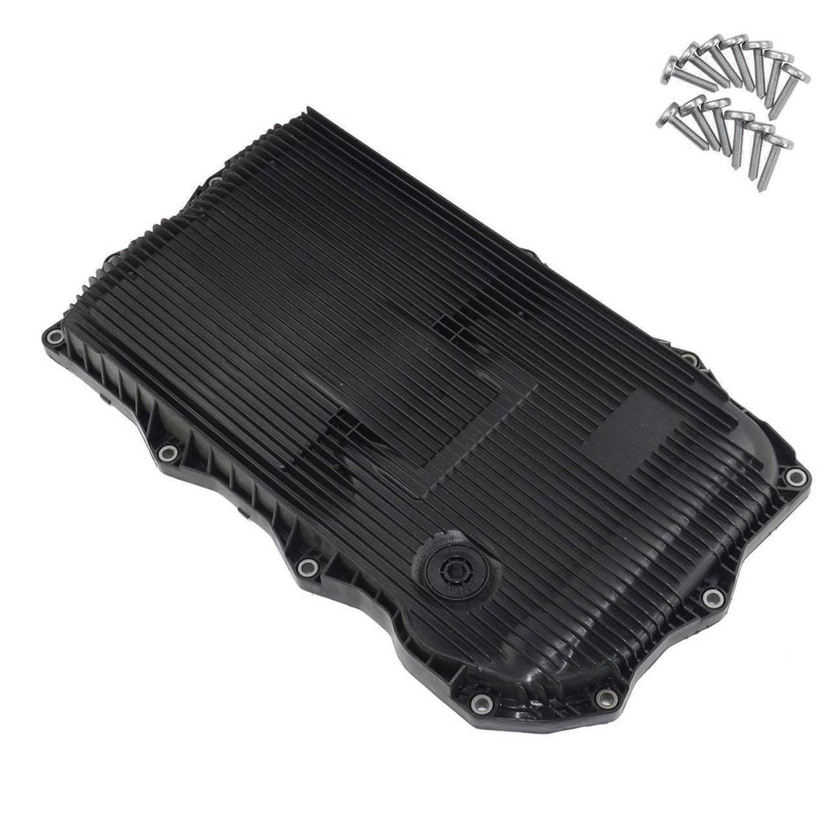 Black automatic transmission oil pan with integrated filter and gasket, plus bolt kit