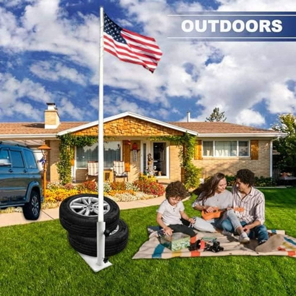 White flagpole tire mount base plate and vertical post with stacked tires