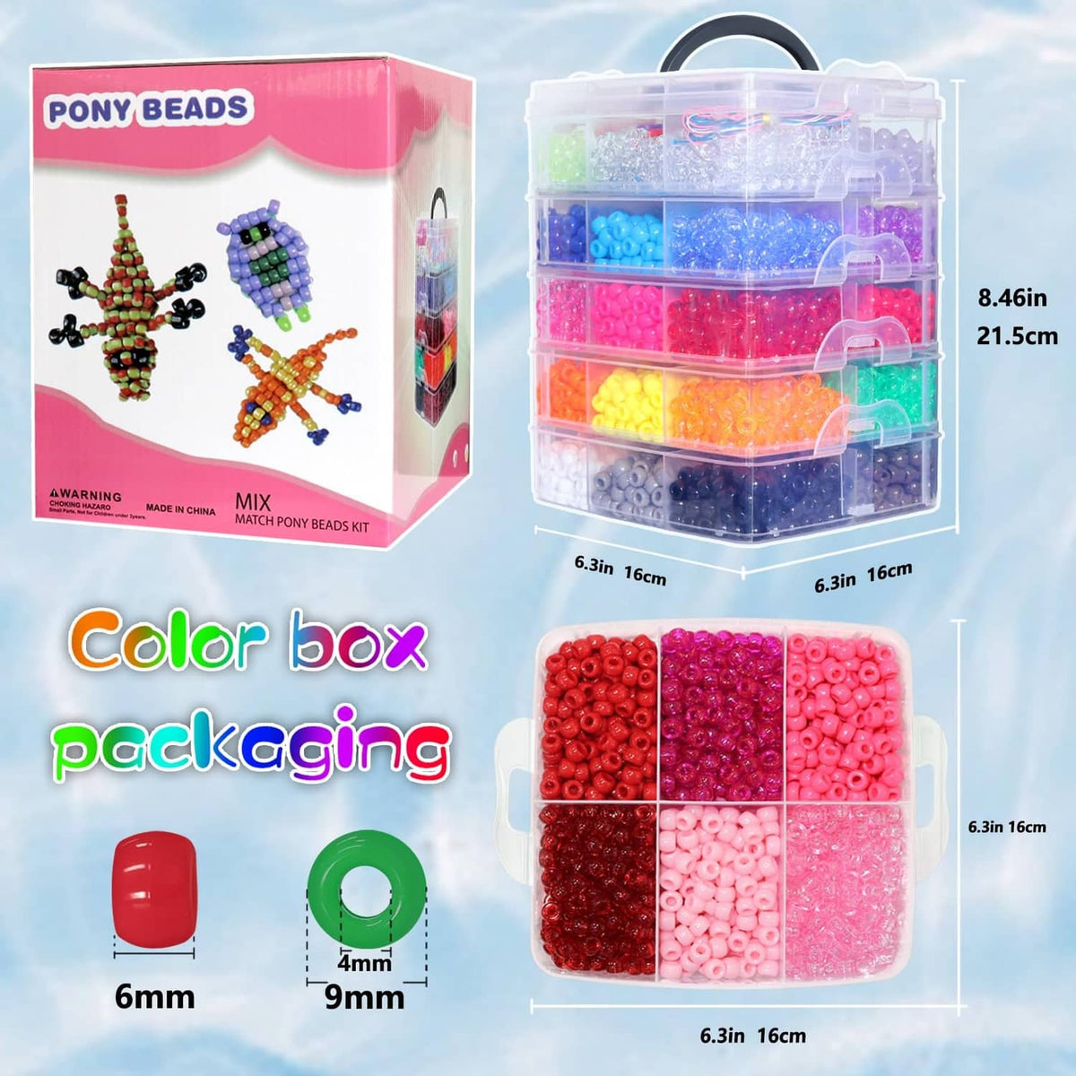 Pony beads mix set in a clear compartment storage box showing multicolor beads