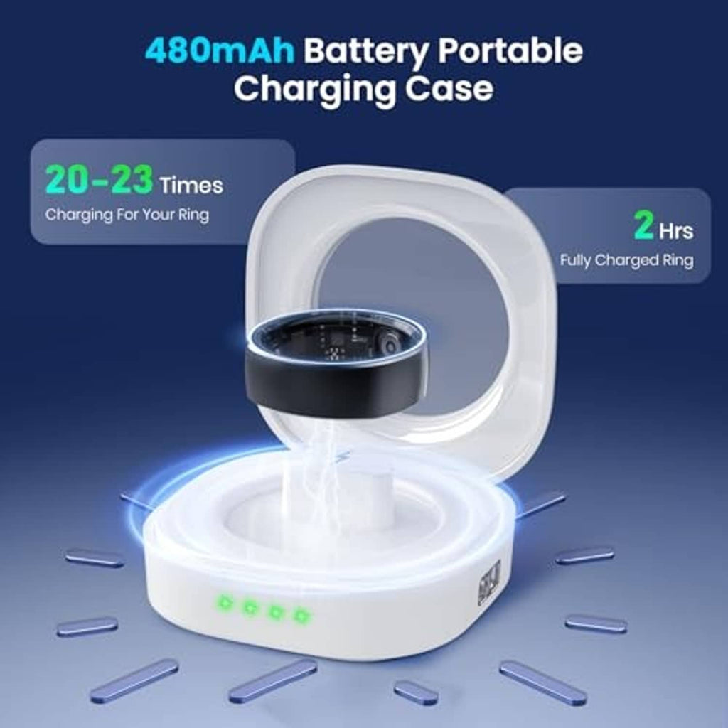 White smart ring charging case with open stand and green LED status lights
