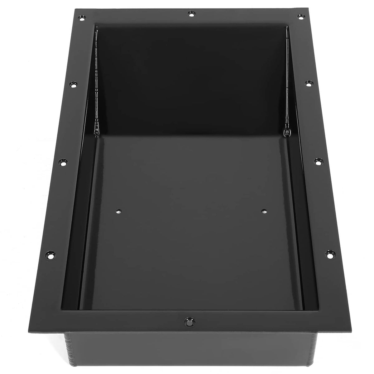 Recessed trolling motor foot pedal pan, top view with black interior and springs