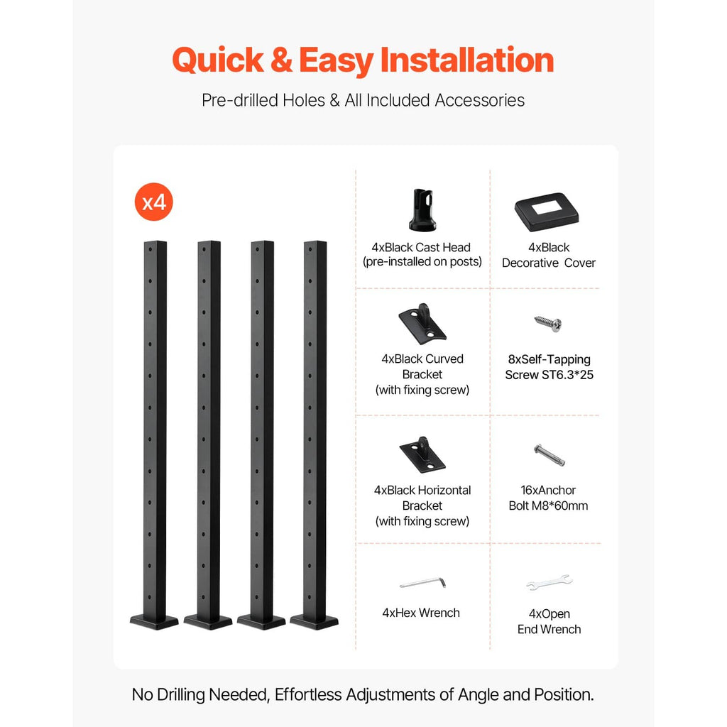 Cable railing post kit with four black posts and included installation accessories