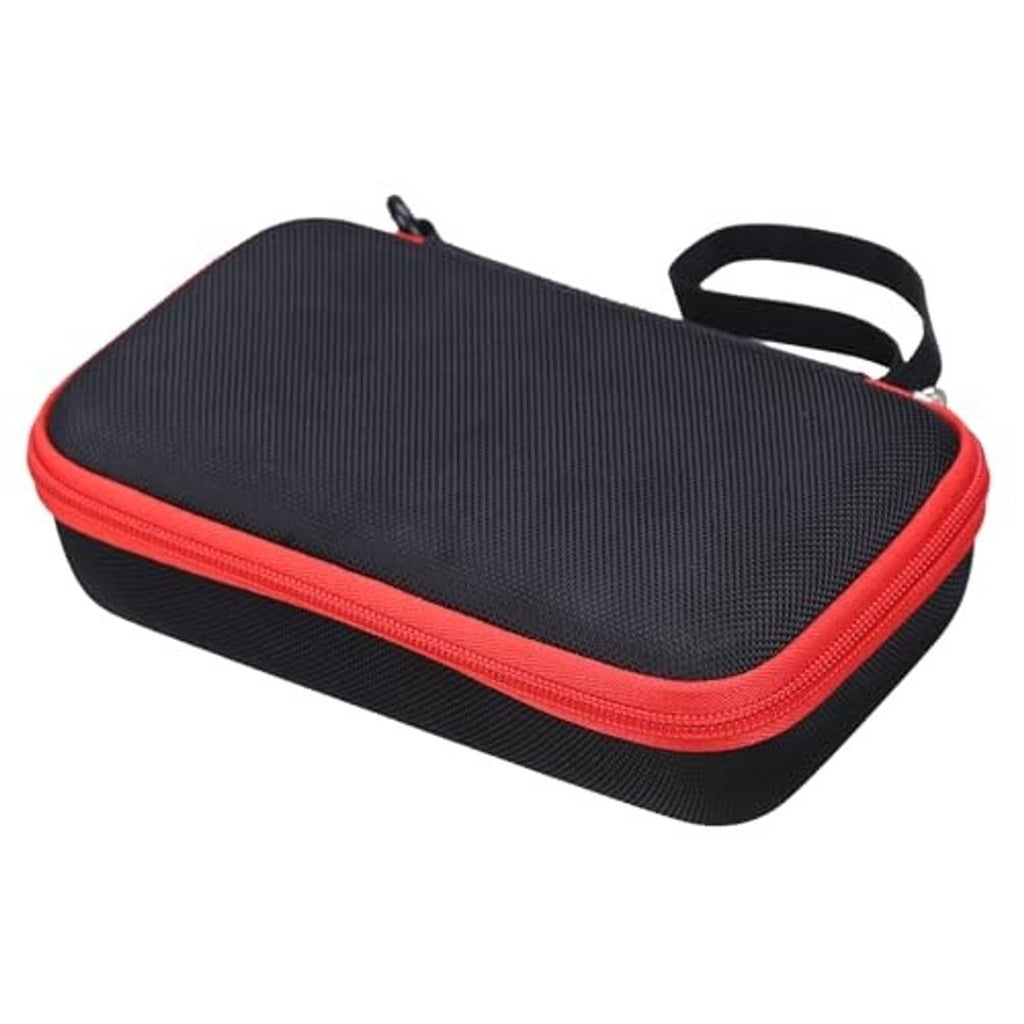 Compact black hard EVA carrying case with red edge trim and top loop handle strap.