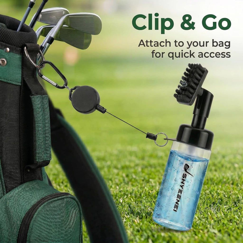Clip-on golf club cleaner bottle with brush head and carabiner for bag attachment