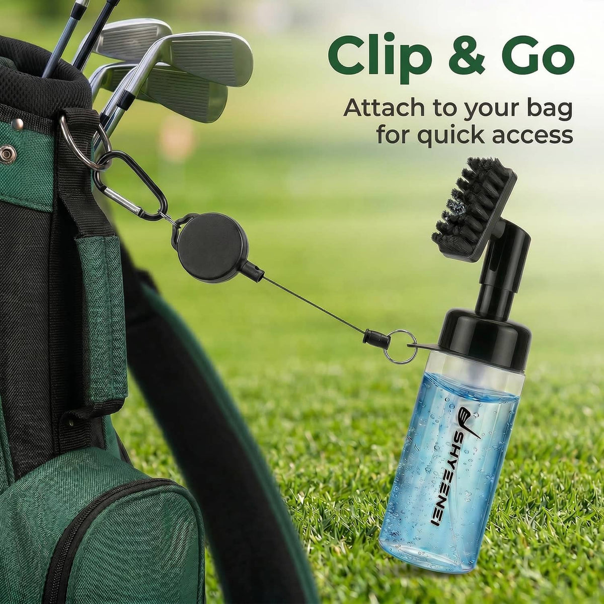 Clip-on golf club cleaner bottle with brush head and carabiner for bag attachment