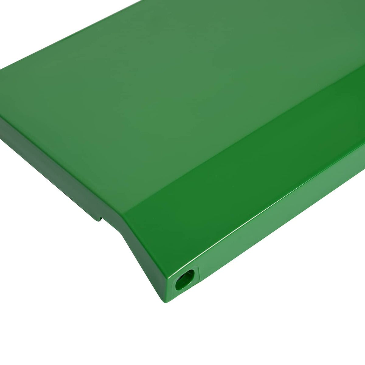 Green steel RH hood side panel end with circular mounting hole and rounded corner