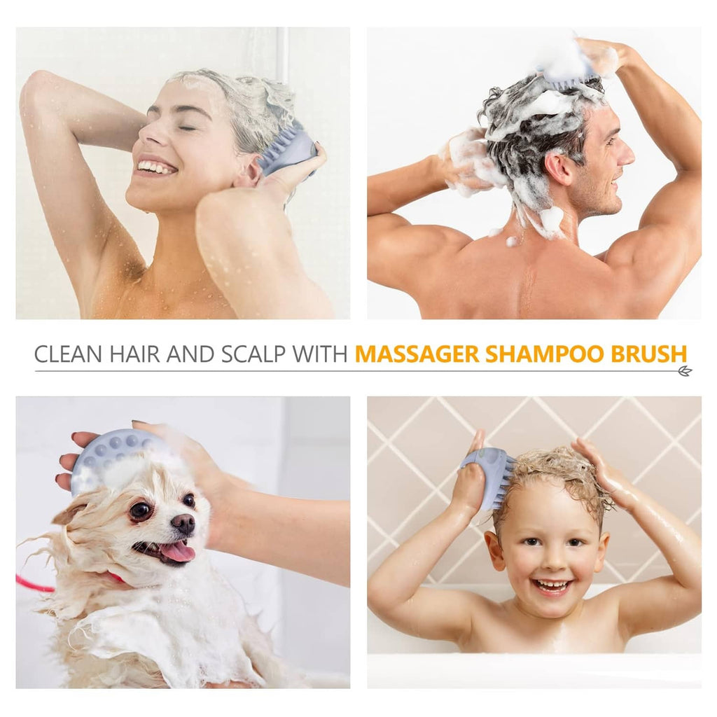 Sky blue shampoo brush massaging hair and scalp during bath time