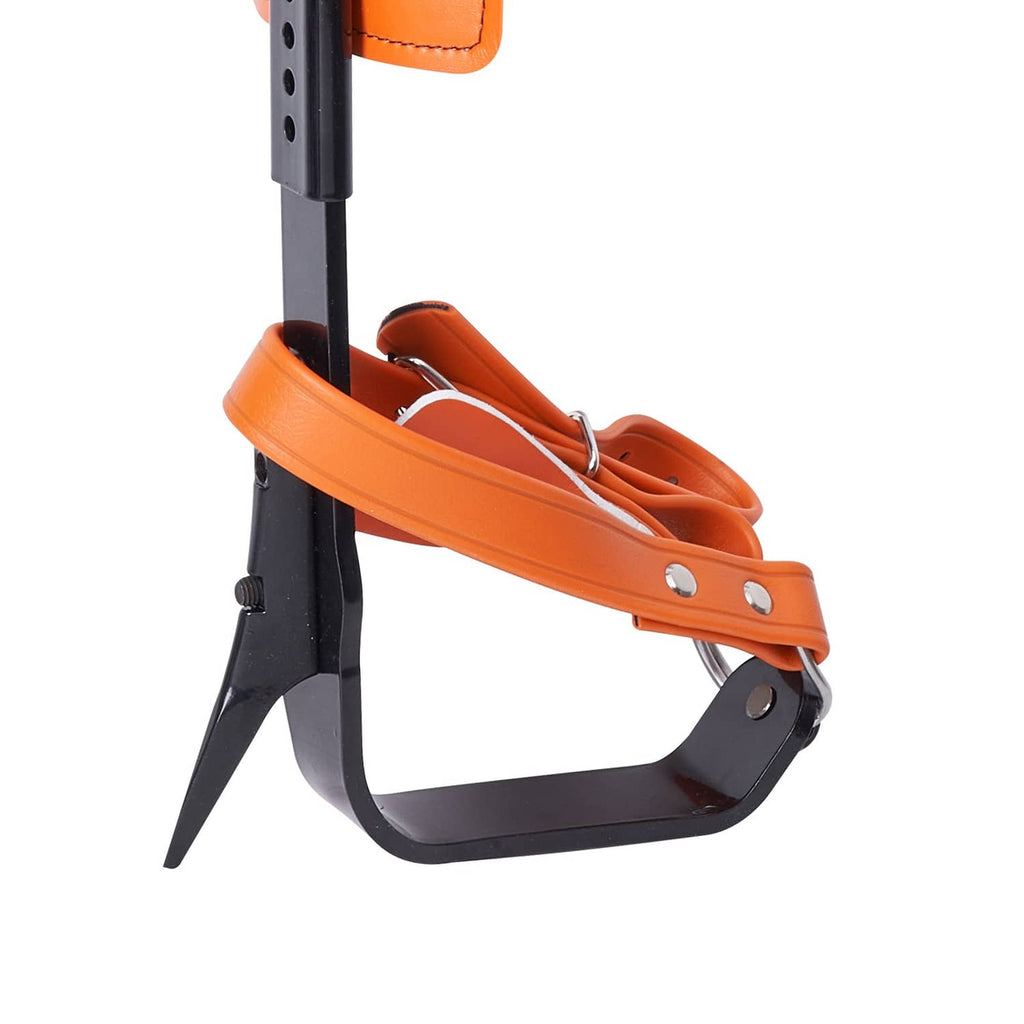 Tree climbing gaff set with orange ankle straps and black steel spurs