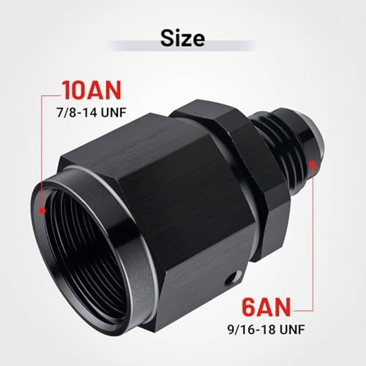 Black AN flare expander adapter fitting, showing dual threaded connection ends