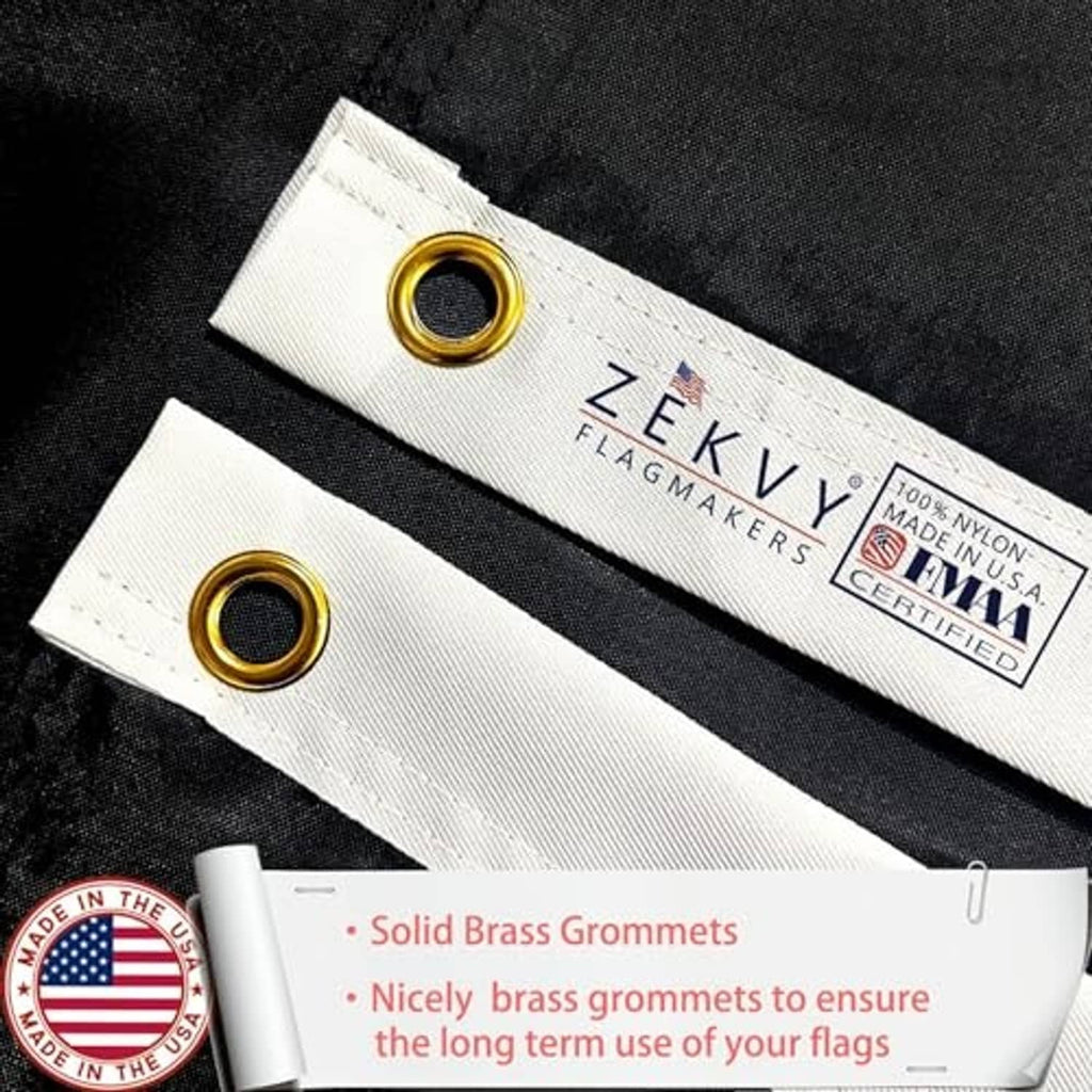 Close-up of black nylon flag with white header and solid brass grommets