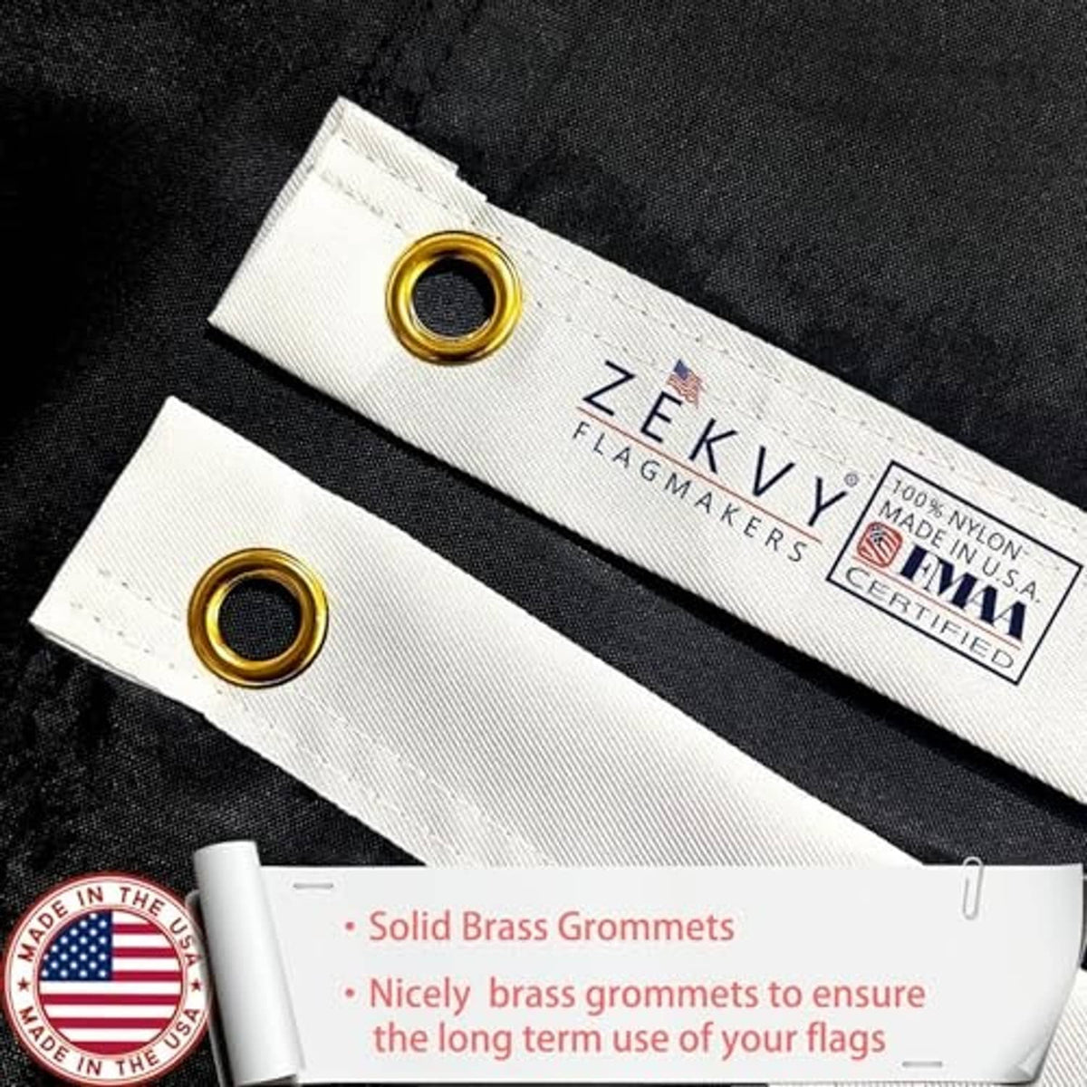 Close-up of black nylon flag with white header and solid brass grommets