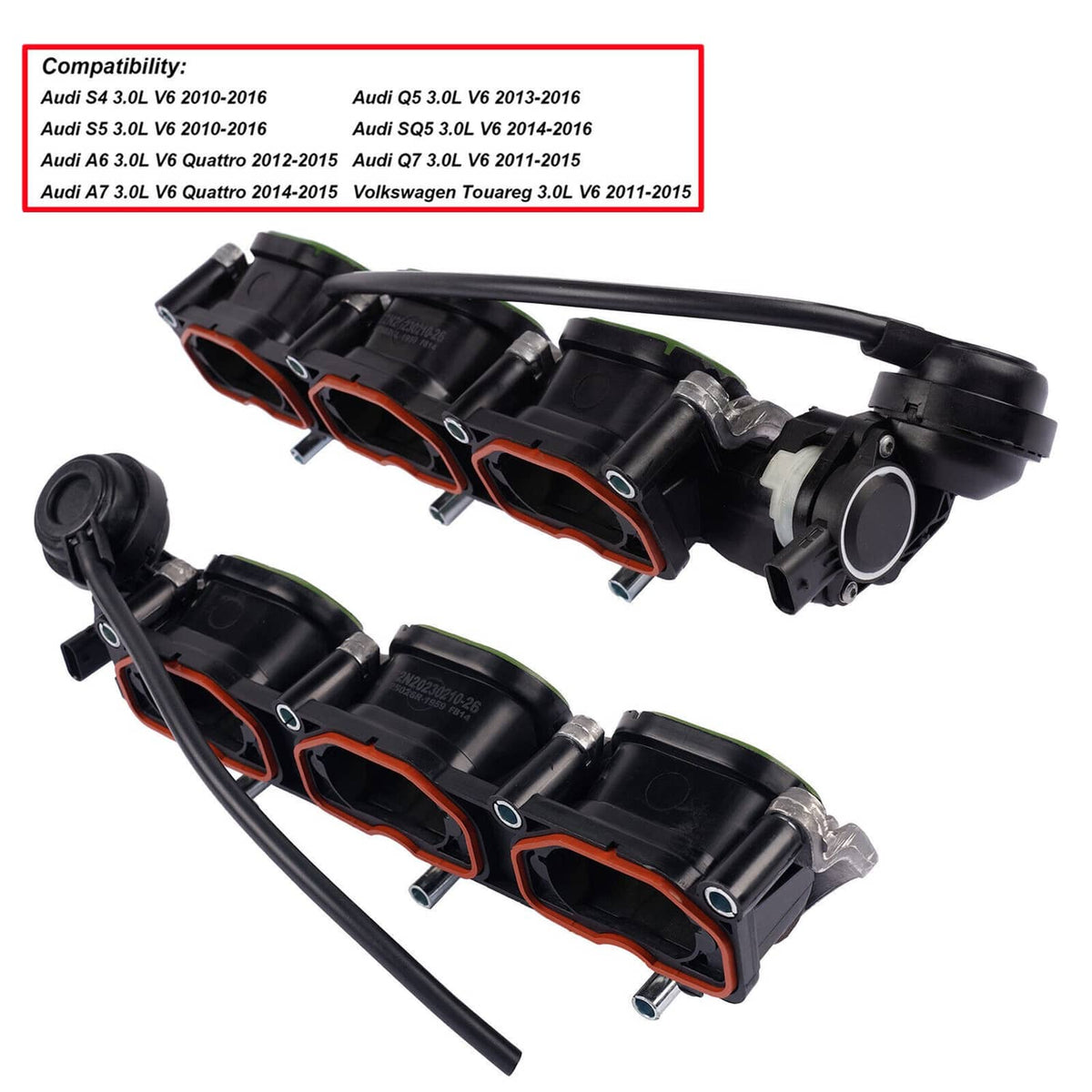 Intake manifold pair, black with orange seals and hose ports (L+R)
