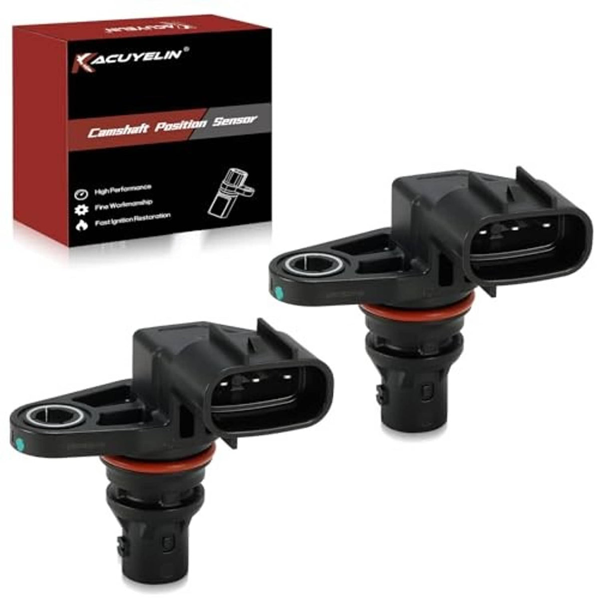 Two camshaft position sensors with orange seal ring and black connector plugs