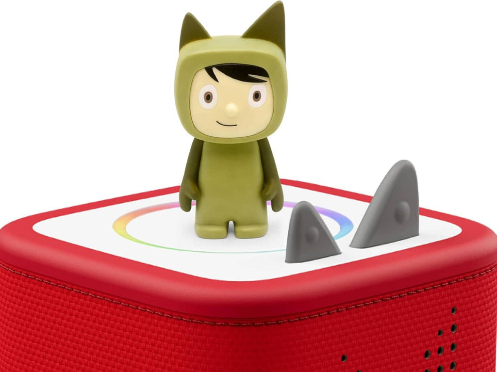 Green cat Tonie figurine on top of red Toniebox with two gray speaker shapes