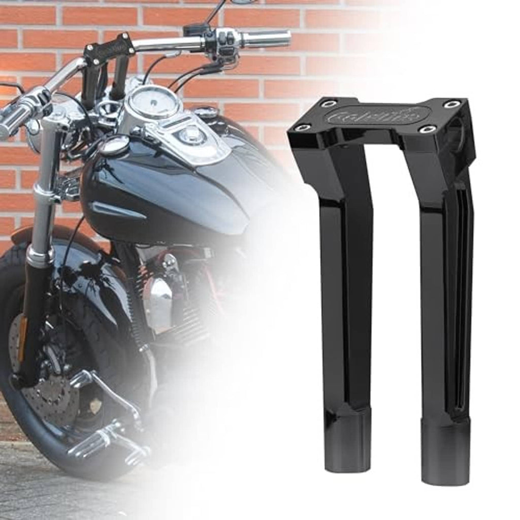 Black motorcycle handlebar riser clamp set shown beside handlebars and top plate bolts