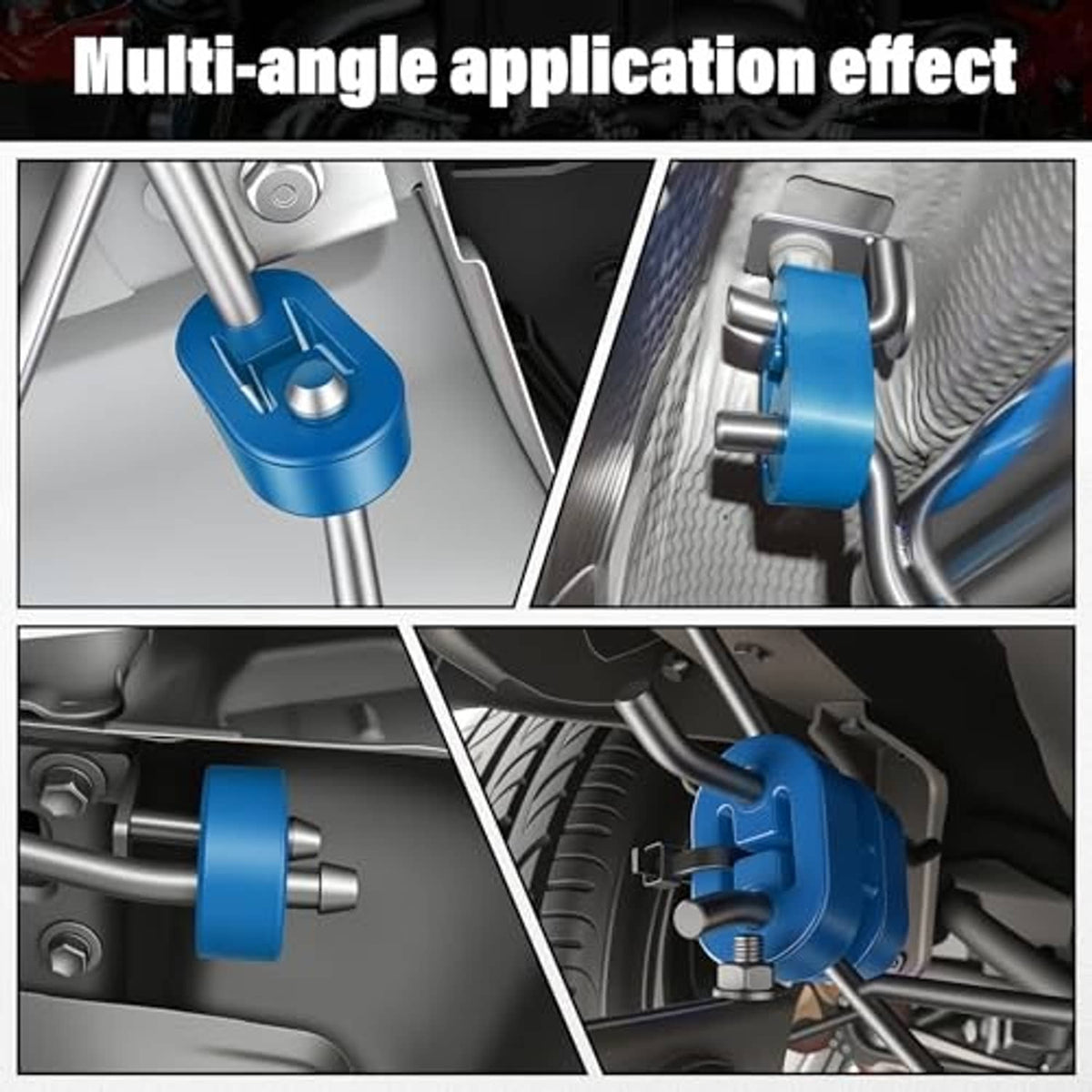 Blue rubber exhaust hangers used in multiple exhaust mounting positions