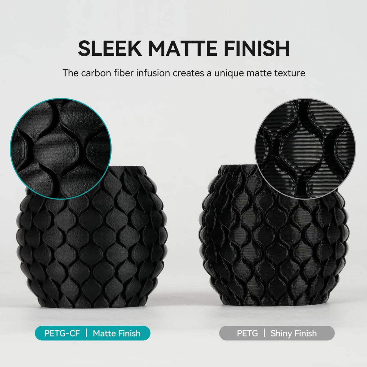 Black carbon fiber PETG filament sample spool with matte finish texture