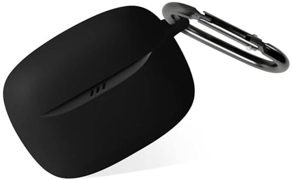 Black silicone earbuds case with keychain clip, compact oval protective cover.