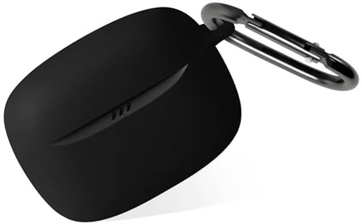 Black silicone earbuds case with keychain clip, compact oval protective cover.
