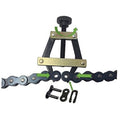Roller chain connecting puller holder with black frame, gold bar, central screw, chain links