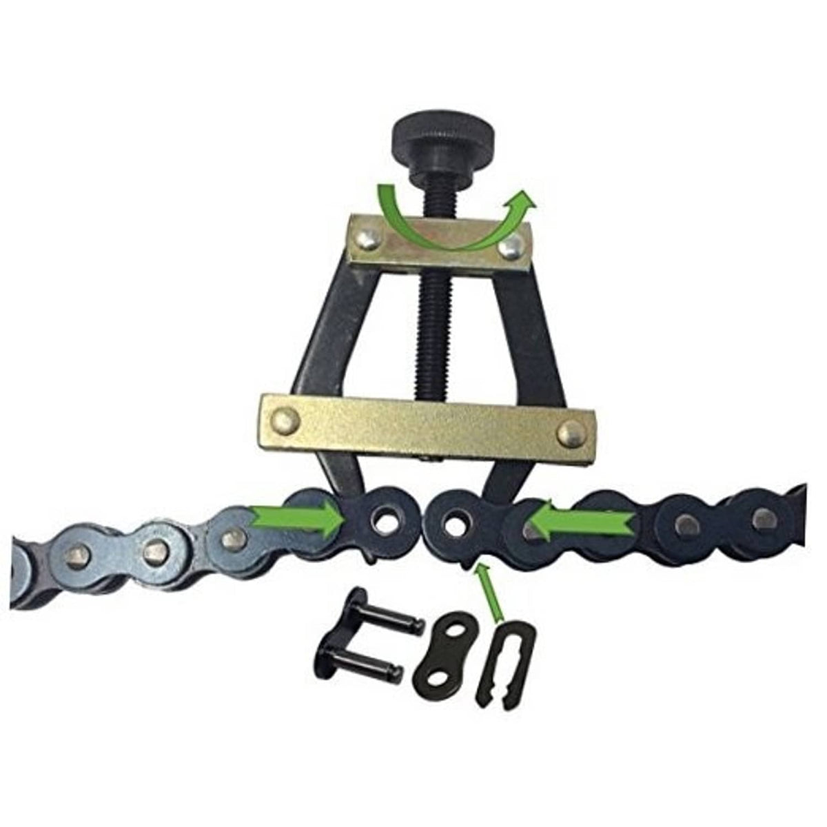 Roller chain connecting puller holder with black frame, gold bar, central screw, chain links