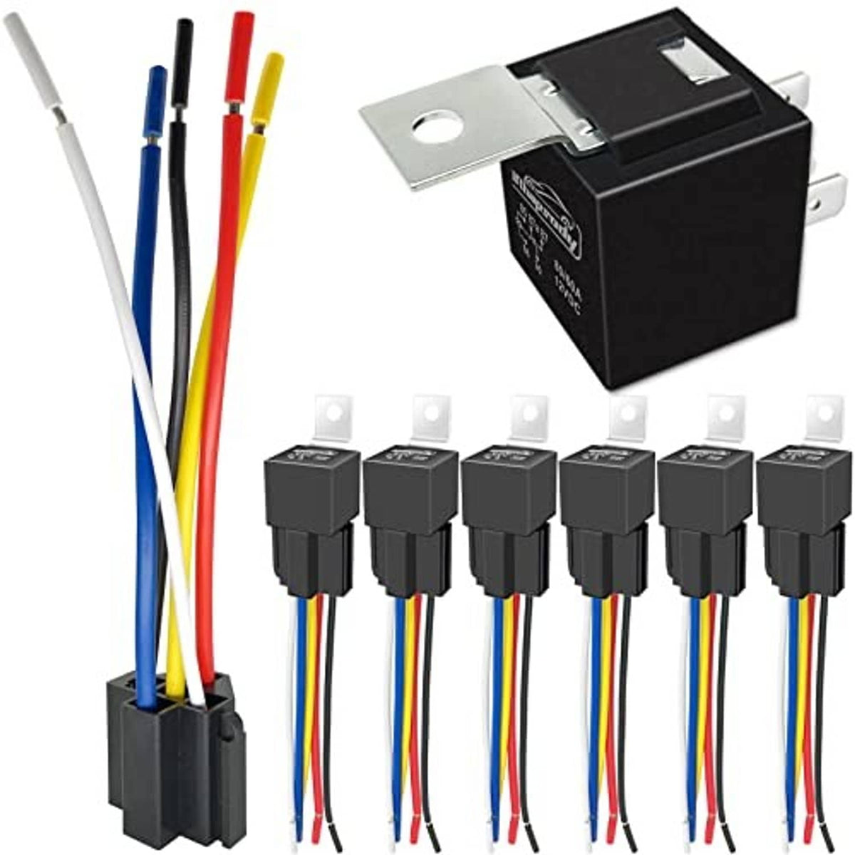 Automotive SPDT relay kit with wire harness, metal mounting relay, and 6 color-coded leads