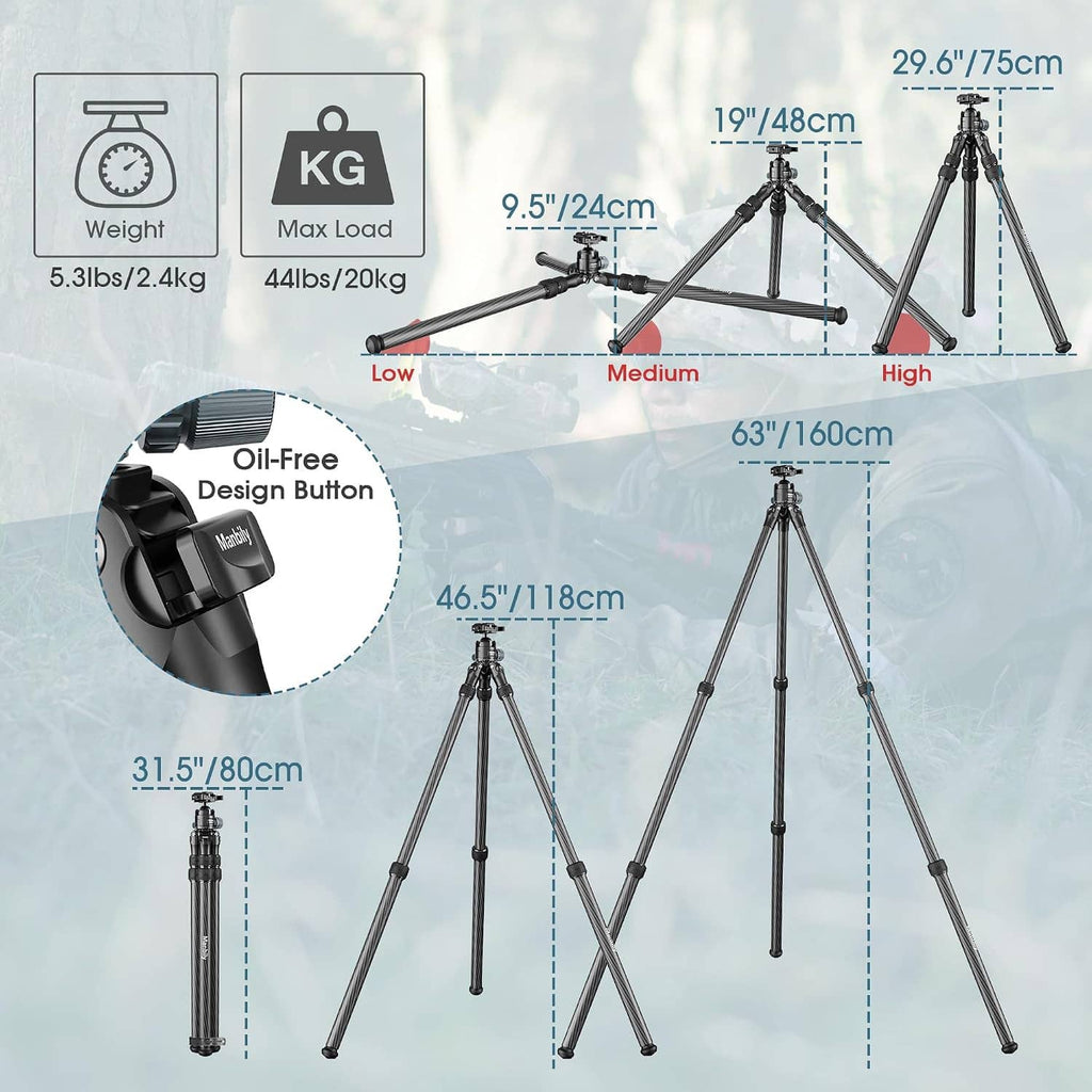 Carbon fiber hunting tripod with adjustable height levels and oil-free control lever