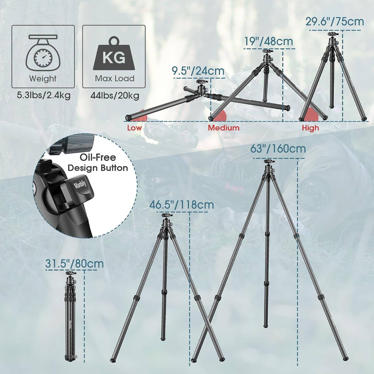 Carbon fiber hunting tripod with adjustable height levels and oil-free control lever