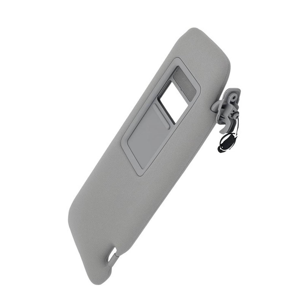 Gray driver-side sun visor with vanity mirror window and attached mounting hardware