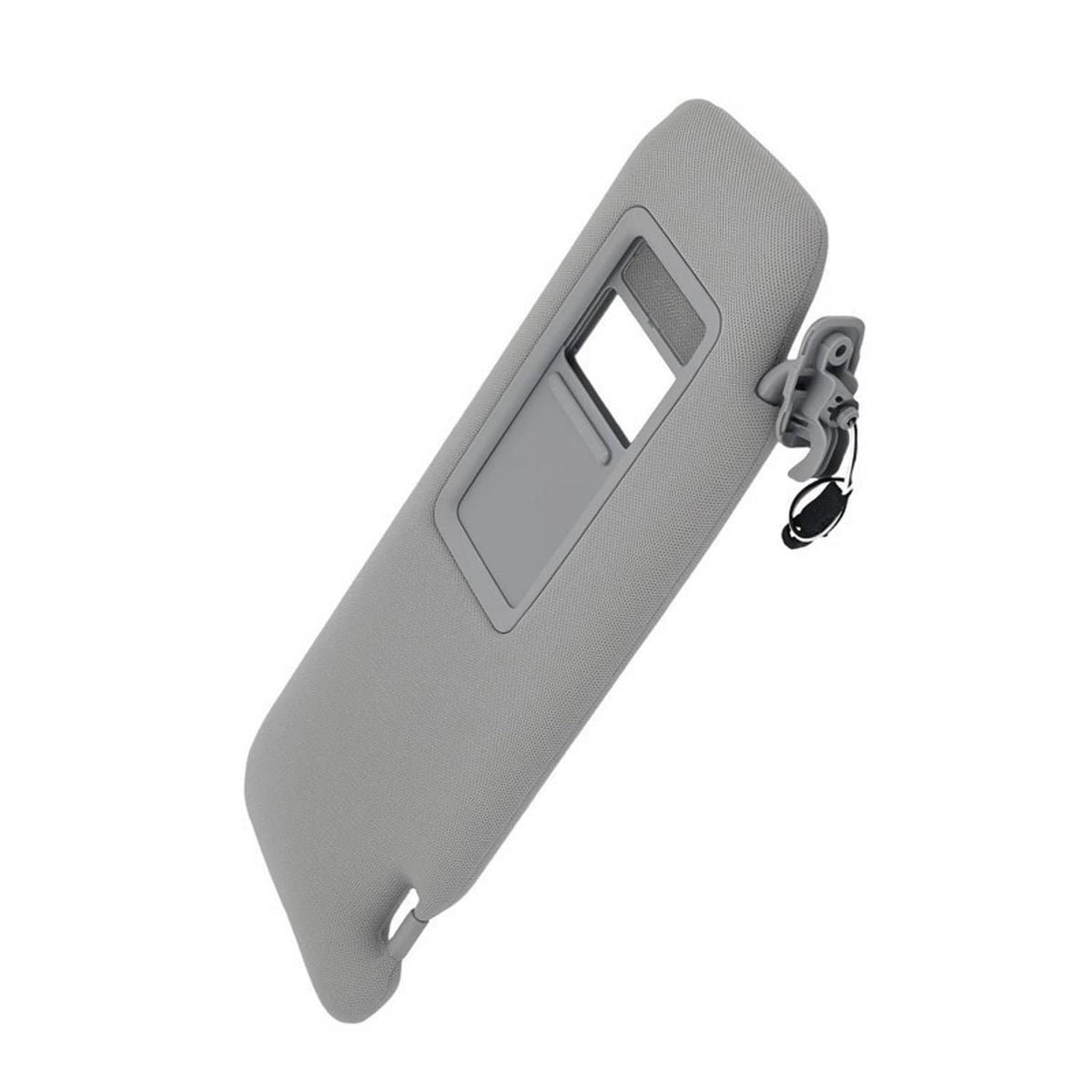 Gray driver-side sun visor with vanity mirror window and attached mounting hardware