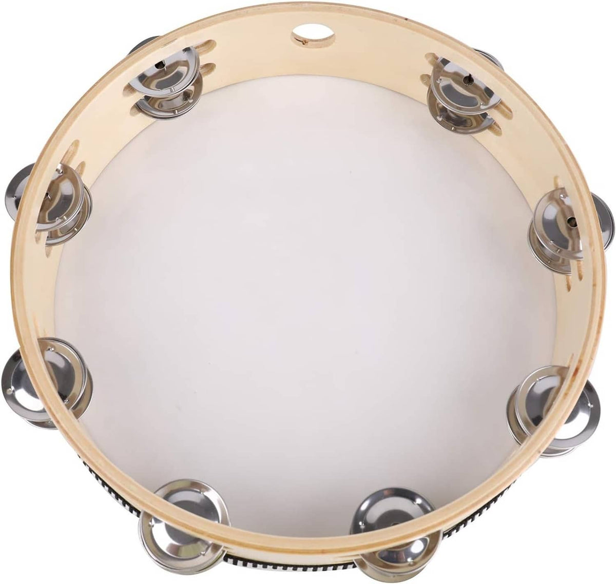 Beige wooden tambourine with silver jingles and a black-and-white striped frame, top view