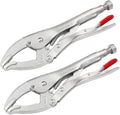 10-inch locking pliers set with curved jaws, adjustable screw, and red handle grips