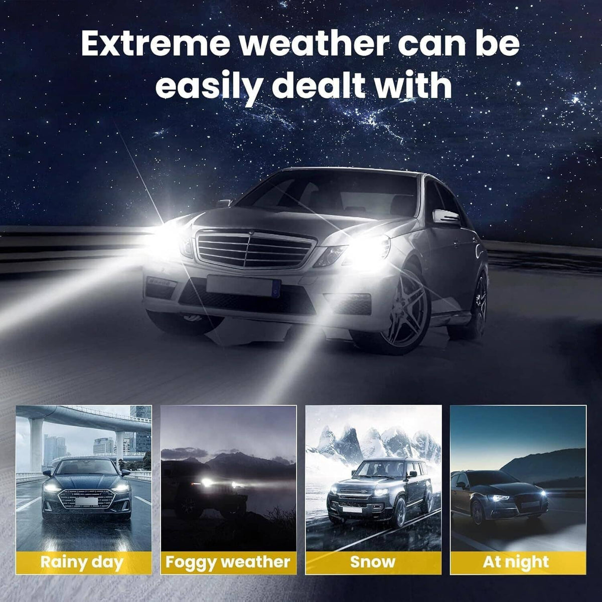 LED headlight bulb emitting light toward the road in wet, foggy, and snowy scenes