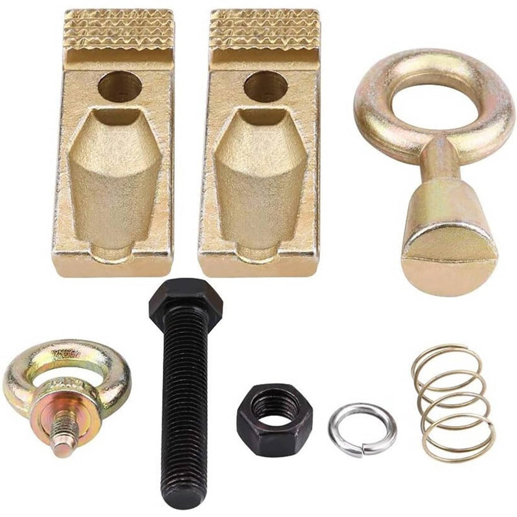 Auto pull clamp tool parts kit: jaw grips, ring hooks, bolt, nuts, and spring set.