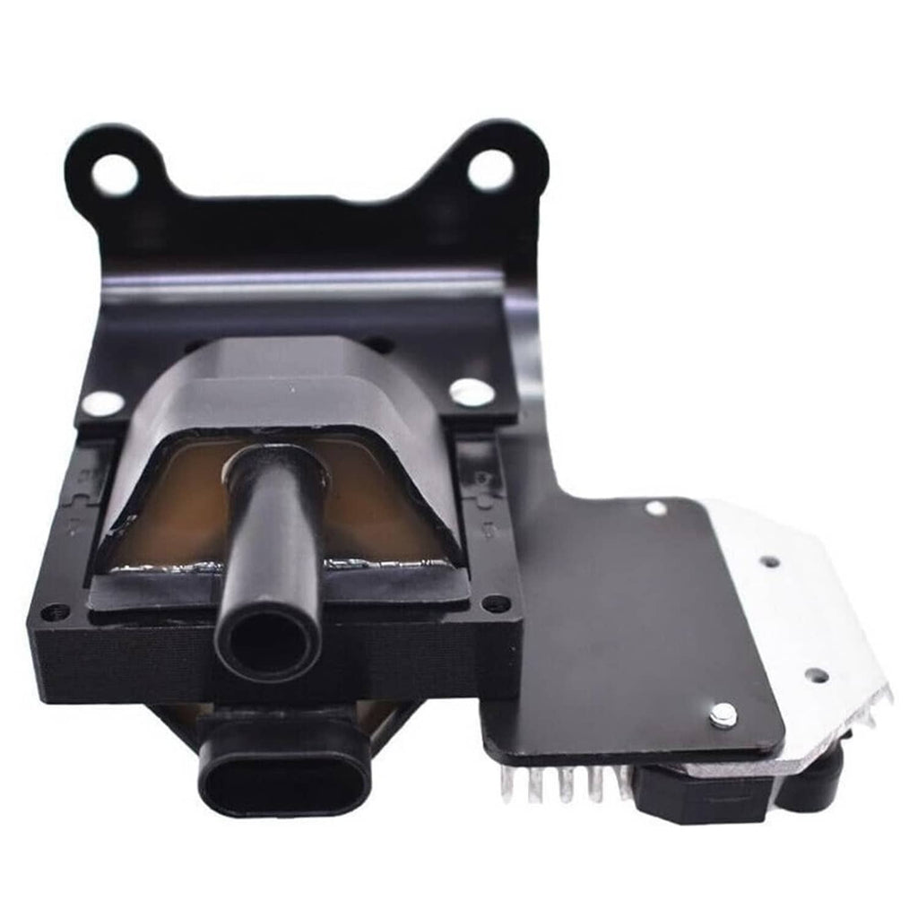 Black ignition coil module with central outlet tube and metal contact fins