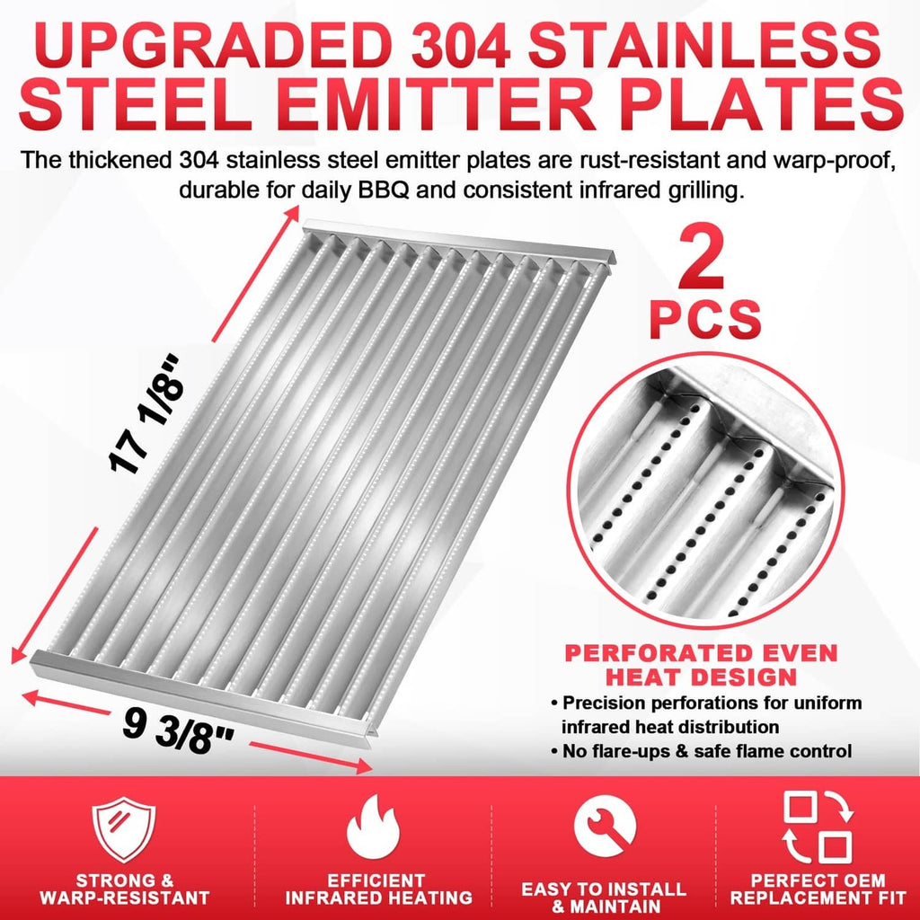 Two-piece perforated stainless steel grill emitter plate set with vented channels